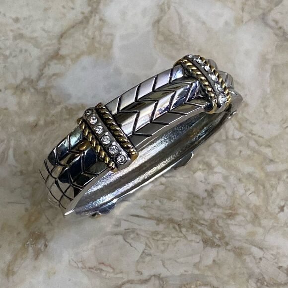 NWOT Two-Tone Silver/Gold & Rhinestone Spring Hinge Cuff Bracelet - Picture 1 of 11
